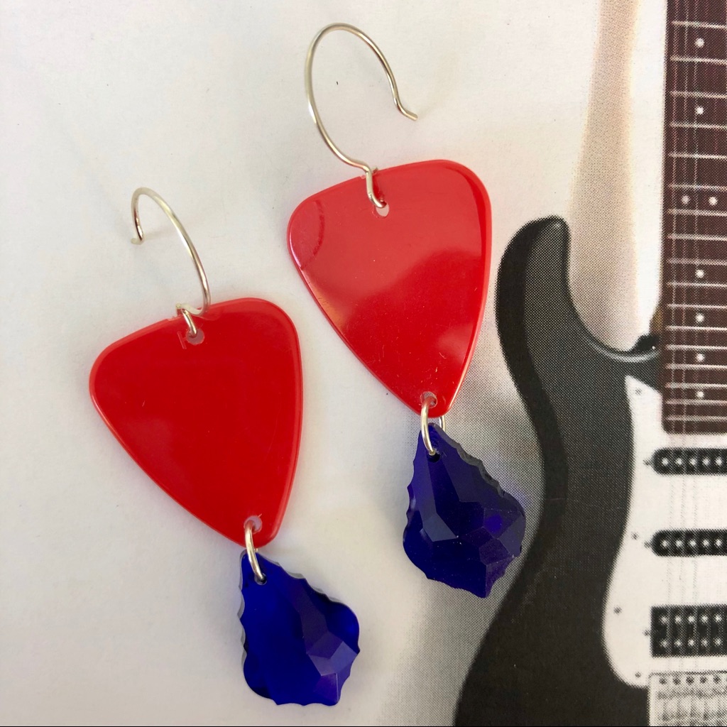 Guitar Pick Earrings Ooak Red And Blue